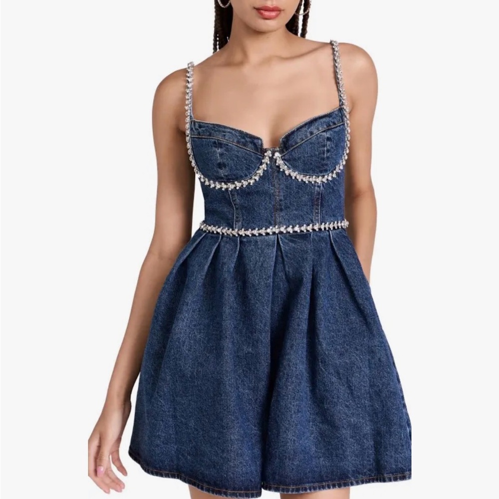 Self-Portrait diamante detail denim Blue Jeweled-Strap Mini Dress us 6